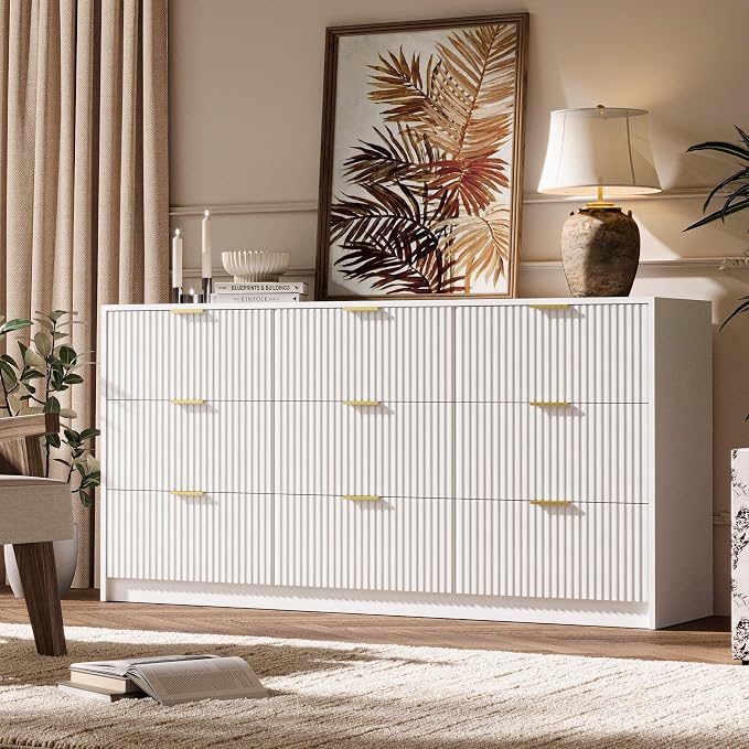MAISONARIA 3-Piece Dresser Bedroom Set, 9 Drawer Dresser & 3 Drawer Nightstands with Gold Handles, Fluted Wood Chest of Drawers for Bedroom, Living Room, Entryway, White