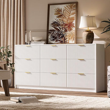 MAISONARIA 3-Piece Dresser Bedroom Set, 9 Drawer Dresser & 3 Drawer Nightstands with Gold Handles, Fluted Wood Chest of Drawers for Bedroom, Living Room, Entryway, White