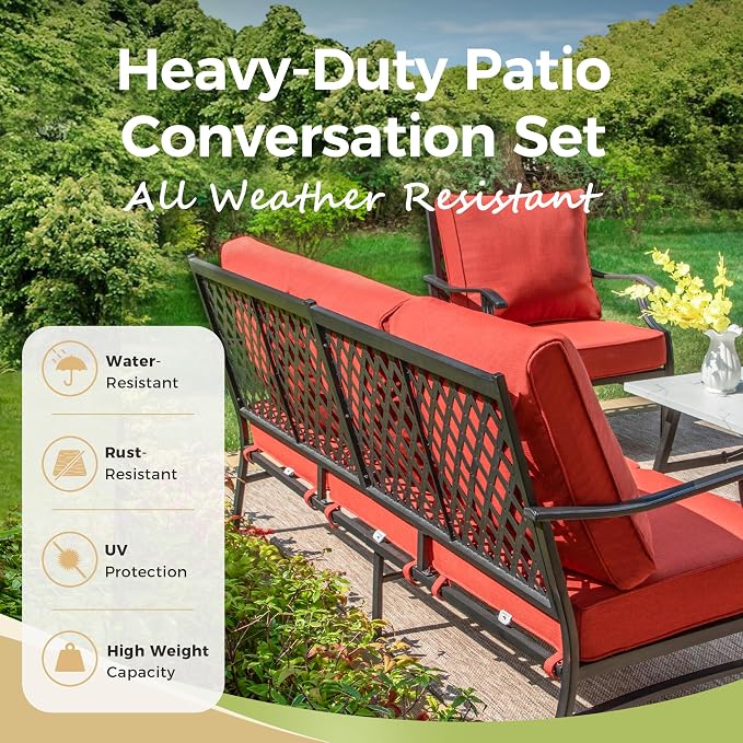 MIXPATIO Patio Couch Metal 3-Seat Outdoor Sofa Deep Seating Outdoor Furniture Red Cushion for Front Porch, Deck, Balcony, Backyard, Sunroom