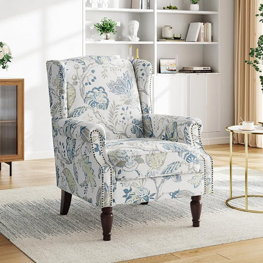 Pia Ricco High Back Floral Accent Chair - Retro Wingback Upholstered Armchair with Nailhead Trim, Solid Wood Legs, Fabric Living Room Bedroom Reading Chair (Plants Blue)
