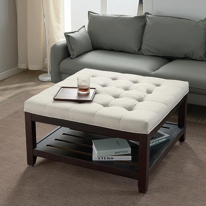 adochr 33'' Large Square Ottoman Coffee Table with Storage, Upholstered Button Tufted Footrest Ottoman with Solid Wooden Tray,Coffee Table for Living Room, Beige