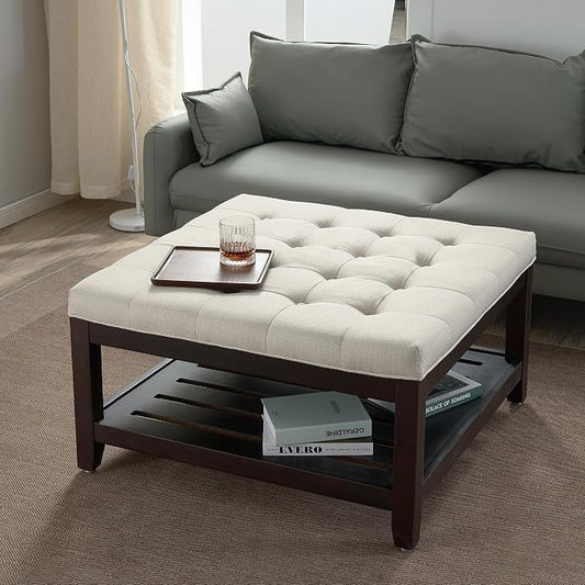 adochr 33'' Large Square Ottoman Coffee Table with Storage, Upholstered Button Tufted Footrest Ottoman with Solid Wooden Tray,Coffee Table for Living Room, Beige