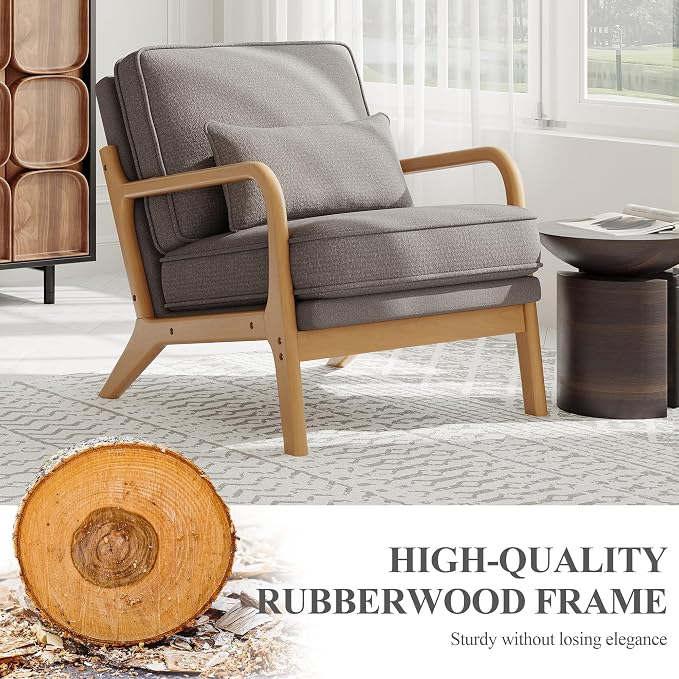 MALOL Accent Chair Set of 2 with Solid Wood Frame, Mid-Century Relaxing Armchair Lumbar Pillow& Soft Cushion, Reading Leisure Chair for Living Room, Bedroom, Waiting Room-Grey