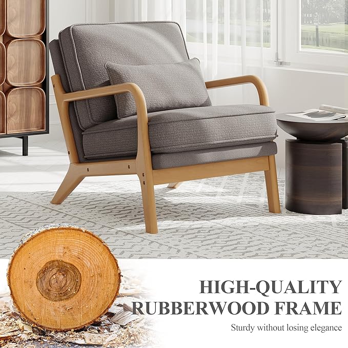 MALOL Mid-Century Accent Chair Set of 2 with Solid Wood Frame, Reading Relaxing Armchair Lumbar Pillow& Soft Cushion, Leisure Chair for Living Room, Bedroom, Waiting Room-Grey