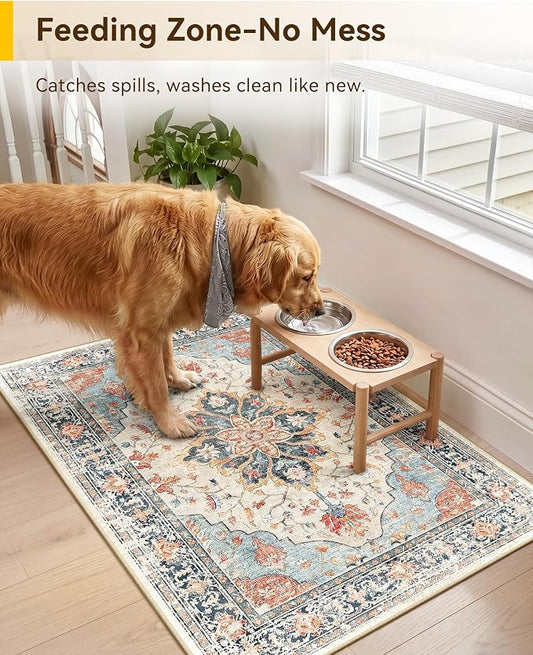 RELEANY Area Rugs Small 2'x3' Washable Non-Slip, Floral Vintage Distress Medallion Carpet for Kitchen Entryway Bathroom, Beige Navy Blue Orange Colorful