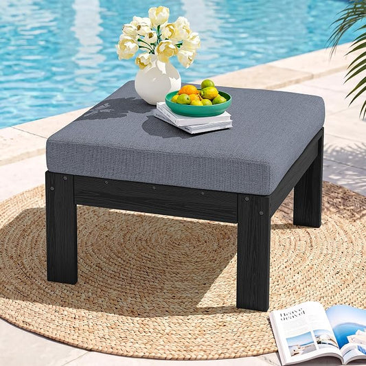 SERWALL Outdoor Ottoman with Cushions for Sofa Set, Black HDPE Frame with Gray Cushions