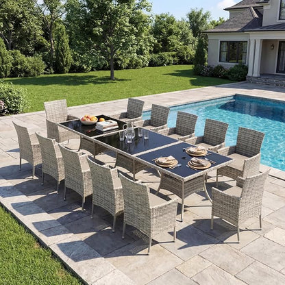 15-Piece Patio Dining Set, Patio Furniture Set with Square Tempered Glass Table & 12 Wicker Chairs, Expandable Design for Larger Groups, Outdoor Furniture for Backyard, Deck, Garden, Beige