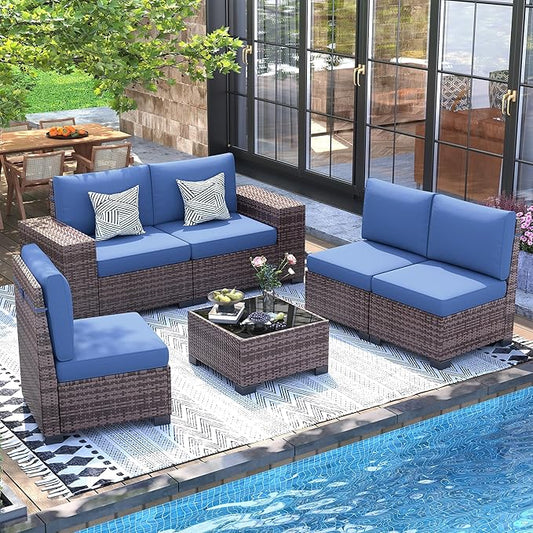UDPATIO Patio Furniture Set, 8 Inch Armrest Outdoor Sectional Sofa with Wicker Coffee Table, 6 Piece Conversation for Garden, Backyard, Navy Blue