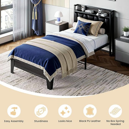 LIKIMIO Twin XL Bed Frames, PU Leather Storage Headboard with Charging Station, Solid and Stable, Noise Free, No Box Spring Needed, Easy Assembly, Black