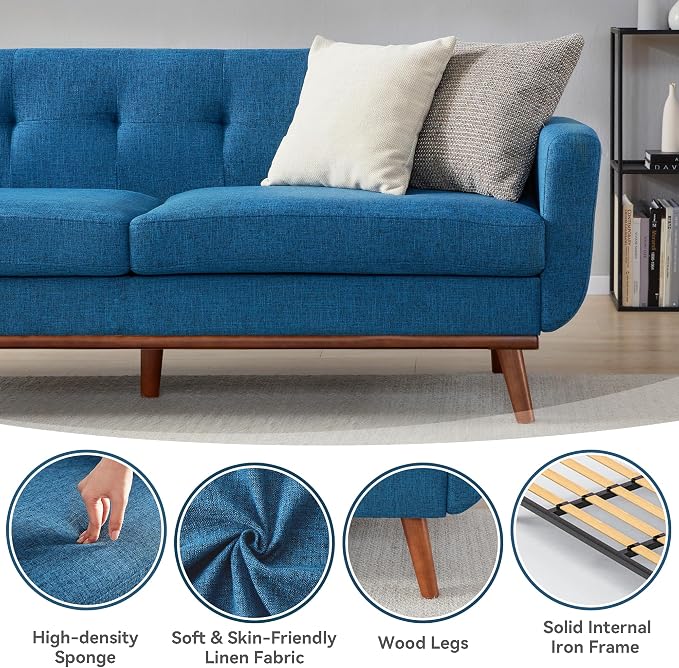 Kingfun 77.2" W Loveseat Sofa, Mid Century Modern Decor Love Seat Couches for Living Room, Button Tufted Upholstered Furniture, Solid & Easy to Install Small Couch for Bedroom Office Apartment, Blue