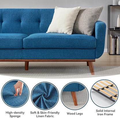 Kingfun 77.2" W Loveseat Sofa, Mid Century Modern Decor Love Seat Couches for Living Room, Button Tufted Upholstered Furniture, Solid & Easy to Install Small Couch for Bedroom Office Apartment, Blue
