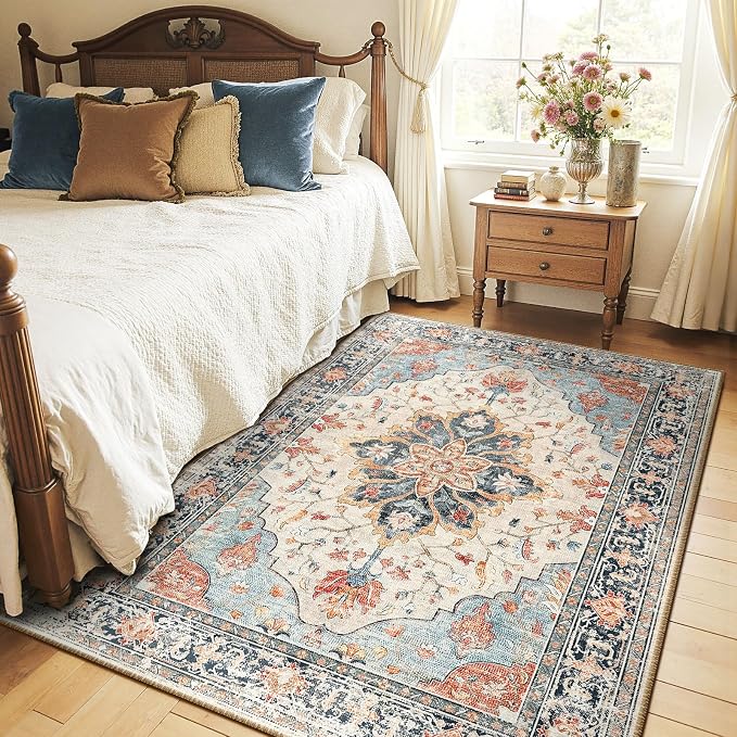 RELEANY Area Rugs 4'x5' Washable Non-Slip, Floral Vintage Distress Medallion Carpet for Living Room Bedroom Dining Room, Beige Navy Blue Orange Colorful
