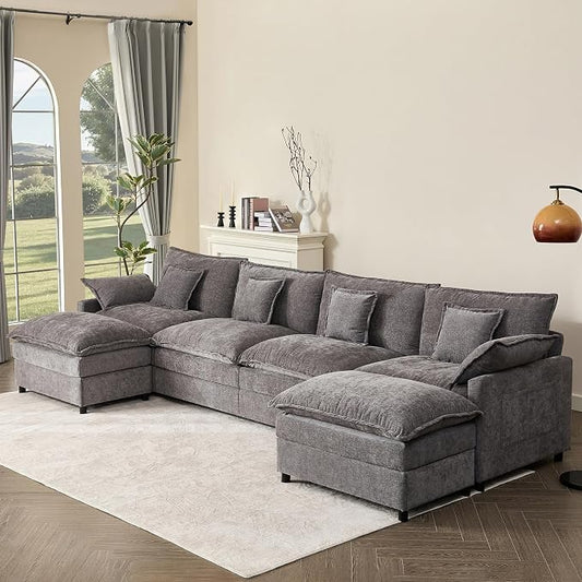 GOSUHI 142.5" U-Shaped Modular Cloud Couch, Deep Seat, Chenille Slate | Cloud Comfort, Couches for Living Room, Removable & Machine-Washable Covers, Movable Ottoman, Modular Sectional Sofa