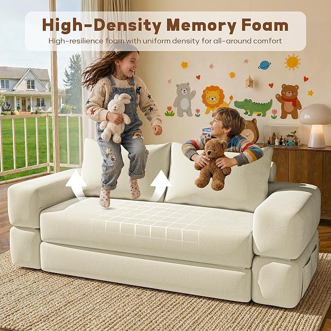 75'' Folding Convertible Sofa Bed with Large Pillow, 4-in-1 Foldable Pull Out Futon Sofa Bed, Chenille Boneless Mattress Couch, No Assembly Floor Sleeper Sofa Bed for Living Room/Bedroom, Beige