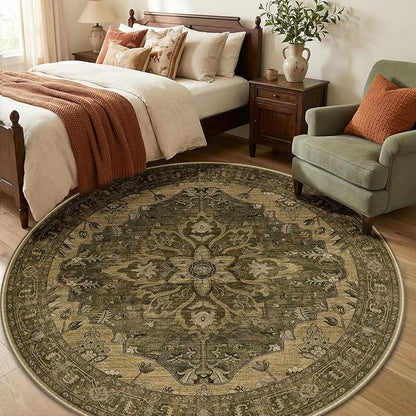 RELEANY Area Rugs Round 6ft Washable Non-Slip, Floral Vintage Distress Medallion Carpet for Living Room Bedroom Dining Room, Brown Dark Brown