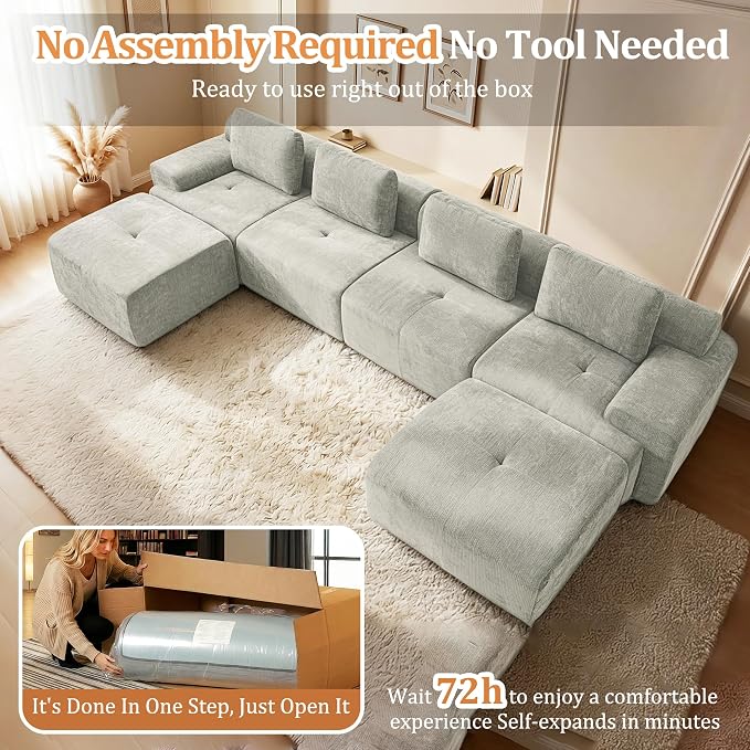 159" U Shaped Oversized Boneless Couch, Comfort Cloud Sectional Couches for Living Room, Modular Sofa High Back & Extra Deep Seat, No Assembly, Soft Chenille(Light Grey, 159 inch-U shaped（4+2）)