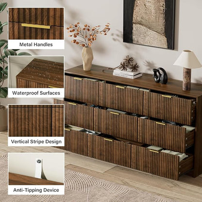 Furniway Walnut Dresser for Bedroom, Modern Dresser with 9 Drawers and Smooth Slides, Wide Chest of Drawers with Golden Handles for Bedroom, Living Room, Closet, 15.7" D x 63" W x 31.5" H