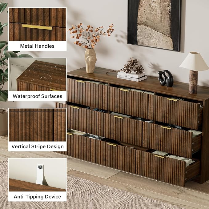 Furniway 3 Piece Bedroom Set, 9 Drawer Dresser and 3-Drawer Nightstand Set of 2 with Gold Handles, Mid-Century Modern Wood Chest of Drawers Storage Cabinet for Bedroom, Walnut