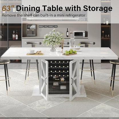 LVB Modern Dining Table for 4 to 6, White Rectangle Kitchen Table with Storage, Wooden Pedestal Dining Room Table with Fridge Space, Large Dinner Tables for Home,Living Room,White Faux Marble, 63 Inch