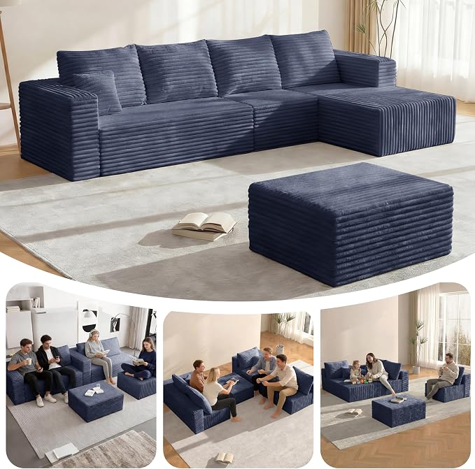 118" Modular Sectional Sofa, Boneless Compressed Sofa in a Box, U-Shaped Cloud Couch with Deep Seats & Chaise for Living Room, No Assembly Required (Blue, 118" U-Shape with Right Facing Chiase)