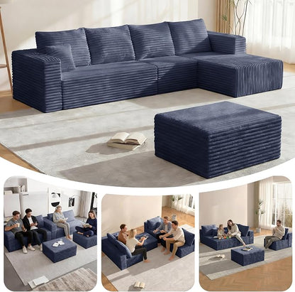 118" Modular Sectional Sofa, Boneless Compressed Sofa in a Box, U-Shaped Cloud Couch with Deep Seats & Chaise for Living Room, No Assembly Required (Blue, 118" U-Shape with Right Facing Chiase)