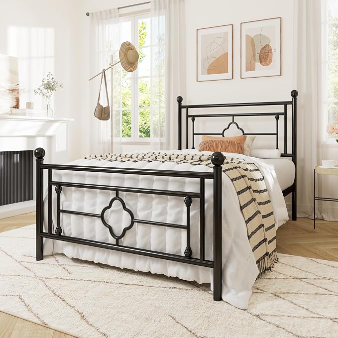 Allewie Twin Size Metal Platform Bed Frame with Victorian Vintage Headboard and Footboard/Mattress Foundation/Under Bed Storage/No Box Spring Needed/Noise-Free/Easy Assembly, Black