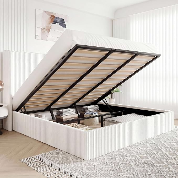 Allewie King Lift-Up Storage Bed Frame with Modern Wingback Headboard, Corduroy Upholstered Platform Bed, Hydraulic Gas Lift Support, Underbed Storage, Wooden Slats, No Box Spring Needed, White
