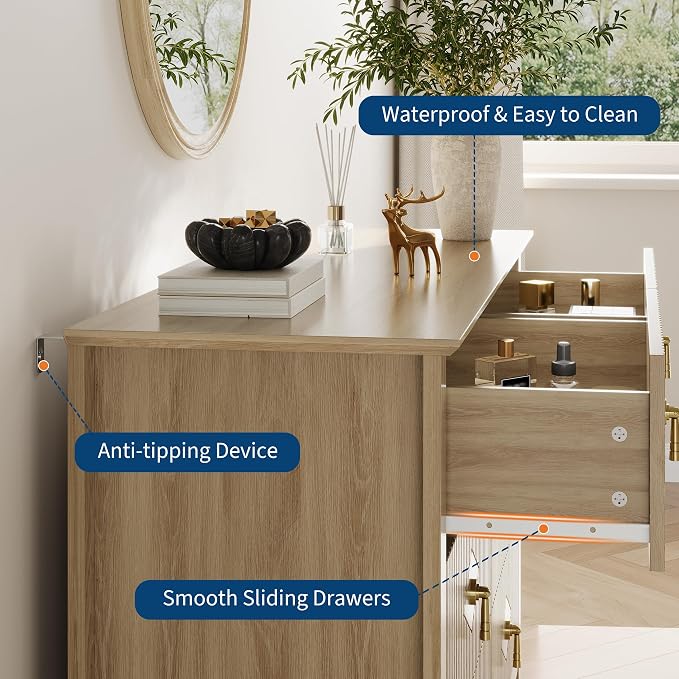 GarveeHome Fluted Dresser for Bedroom, 47.2 Inch Wide 6-Drawer Wood Dresser, Modern Chest of Drawers, Storage Organizer Cabinet for Living Room, Hallway, Entryway, Natural Oak