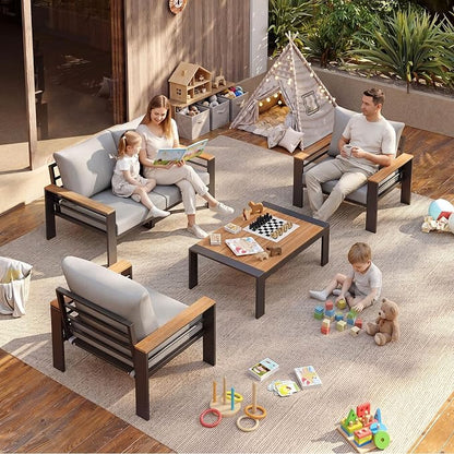 Aoxun Patio Furniture Set, 4 Piece Aluminum Patio Sets with 5" Thicken & Washable Cushion, Waterproof Outdoor Furniture with Coffee Table, Outdoor Couch Sectional for Backyard, Porch and Garden