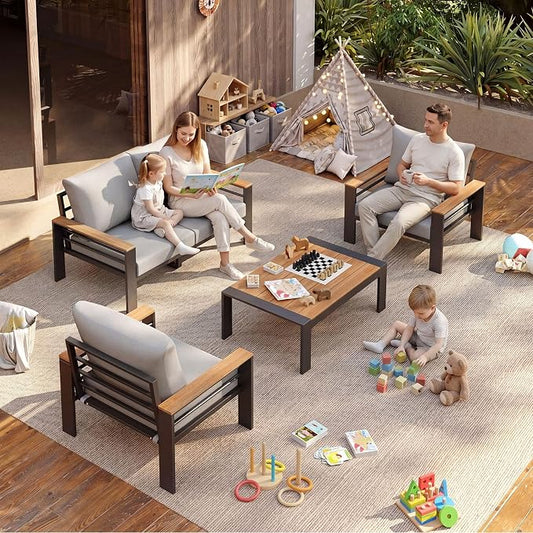Aoxun Patio Furniture Set, 4 Piece Aluminum Patio Sets with 5" Thicken & Washable Cushion, Waterproof Outdoor Furniture with Coffee Table, Outdoor Couch Sectional for Backyard, Porch and Garden