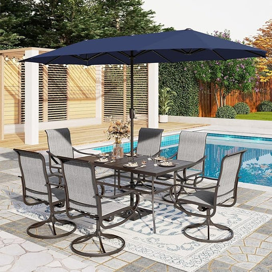 PHI VILLA 8 Piece Patio Dining Set with 13ft Patio Umbrella (Navy Blue), 6 Outdoor Swivel Dining Chairs & 1 Large Metal Dining Table for Deck Lawn Garden (No Umbrella Base)