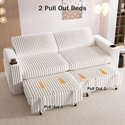 Sunny Heart 91" Plush Corduroy L Shaped Sectional Sleeper Sofa Bed with Pull Out Bed, Reclining Backrest, Reversible Storage Chaise, USB Ports, Cup Holders, Tool Free Assembly, Beige