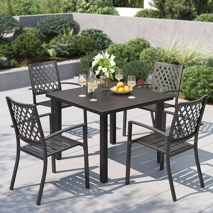 PHI VILLA 5 Piece Metal Patio Table and Chairs Set, 34.2" Metal Square Table with Umbrella Hole & Stackable Wrought Iron Chairs, All Weather Outdoor Dining Set for Patio, Deck, Backyard, Porch