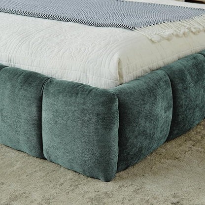 KEIKI California King Thick Chenille Platform Bed Frame with Upholstered Tufted Headboard, Modern Solid Wood Floor Platform for Bedroom, No Box Spring Needed