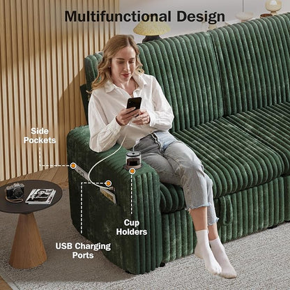 Sunny Heart 101" Plush Corduroy L Shaped Sectional Sleeper Sofa Bed with Pull Out Bed, Reclining Backrest, Reversible Storage Chaise, USB Ports, Cup Holders, Tool Free Assembly,Forest Green