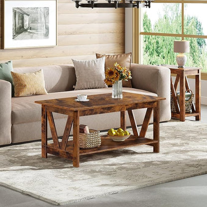 WLIVE Coffee Table with Storage Shelf, 39.4" Farmhouse Coffee Table with V-Frame Support, 2-Tier Wood Rustic Center Table for Living Room, Bedroom & Balcony, Rustic Brown