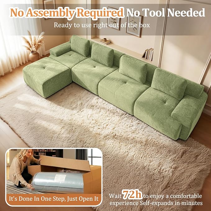 159" L Shaped Oversized Boneless Couch, Comfort Cloud Sectional Couches for Living Room, Modular Sofa High Back & Extra Deep Seat, No Assembly, Chenille(Olive Green, 159 inch-L Shaped（4+1）)