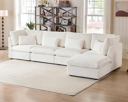 154" Oversized Corduroy Couch Modular Sectional Sofa, Washable Cloud Couch Sectional with Ottoman, 5 Seater Sectional Couches for Living Room, Fully Cover Removable, L Shaped, Corduroy, White