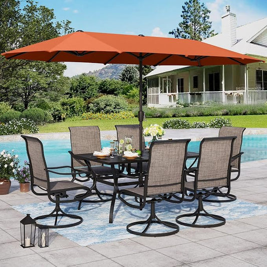 Sophia & William Patio Set with Umbrella 8 Pieces Outdoor Dining Set for 6 with 13ft Double-Sided Umbrella Orange Red, 6 x Swivel Patio Chairs, 1 Metal Table for Lawn Garden (No Umbrella Base)