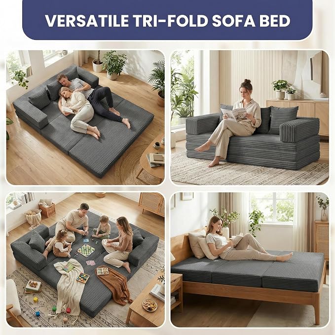 Convertible Sofa Bed Couch, 78’’ Oversized 4-in-1 Boneless Couches with Removable Armrests Backrest, Corduroy Futon Sofa Bed, Foldable Mattress Sleeper Sofa for Living Room Bedroom (Grey)