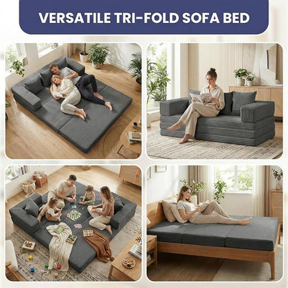 Convertible Sofa Bed Couch, 78’’ Oversized 4-in-1 Boneless Couches with Removable Armrests Backrest, Corduroy Futon Sofa Bed, Foldable Mattress Sleeper Sofa for Living Room Bedroom (Grey)