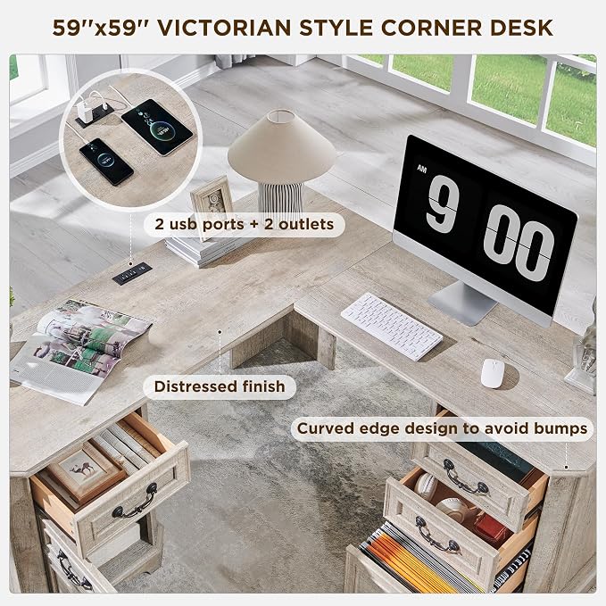T4TREAM 59" Executive L Shaped Desk with Drawers,Farmhouse Wood Computer Corner Desk, Featuring Charging Station,File Drawer, Storage Cabinet,for Home Office Work and Study (Light Rustic Oak)