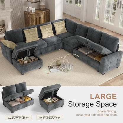 Hanherry 106" Sectional Sofa with Pull Out Couch Bed,7 Seat Chenille Sleeper Sofa with 2 Seat Storage & USB Charging,Storage Ottoman,Comfy Modular Couches for Living Room,Apartment