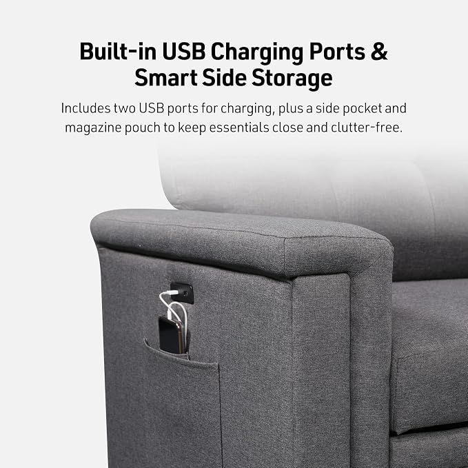 Lilola Home Ashlyn 84-inch Wide Dark Gray Linen Fabric Reversible Sleeper Sectional Sofa with USB Charging Ports – Convertible Pull-Out Bed, Storage Chaise, Side Pockets, and Medium Firm Cushioning