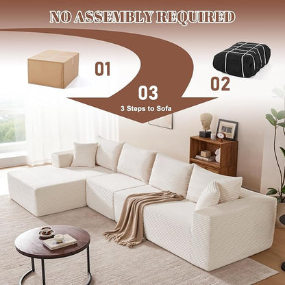 Mangodan 140” Cloud Sectional Couch, Modular Sectional Sofa with Deep Seat, Boneless Sofa for Living Room, Fluffy Comfy L-Shaped Couch with Left Facing Chaise, No Assembly Required, Beige