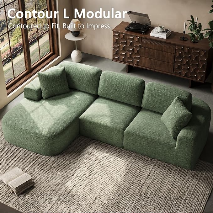 Dowinx 107" Boneless Cloud Couch, Modular Sectional Sofa with Deep Seat & Chaise, No Assembly Sofa-in-Box, Convertible L-Shape for Living Room Apartment – Green
