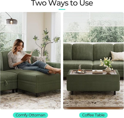 LINSY HOME Sectional Sleeper Sofa with Pull Out Couch Bed for Living Room (Green) | Plush Corduroy