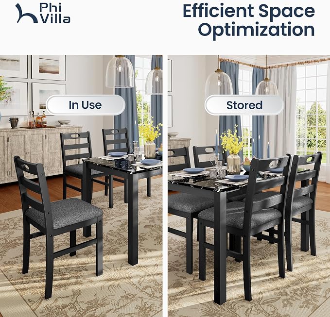 PHI VILLA 5 Piece Dining Table Set for 4, Marble Design Kitchen Table Chairs Set of 4, Solid Wood Space-Saving Dining Room Table Set for Apartment, Veined Black Marble& Gray