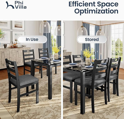 PHI VILLA 5 Piece Dining Table Set for 4, Marble Design Kitchen Table Chairs Set of 4, Solid Wood Space-Saving Dining Room Table Set for Apartment, Veined Black Marble& Gray
