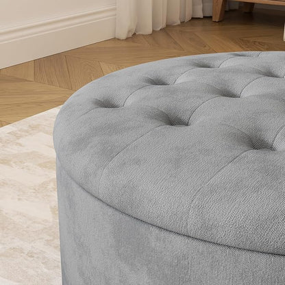 30 Inch Round Storage Ottoman,Modern Tufted Ottomans,Circular Coffee Table with Removable Top,Upholstered Large Ottoman with Storage Footrest Stool for Bedroom Living Room (LIGHTGREY)